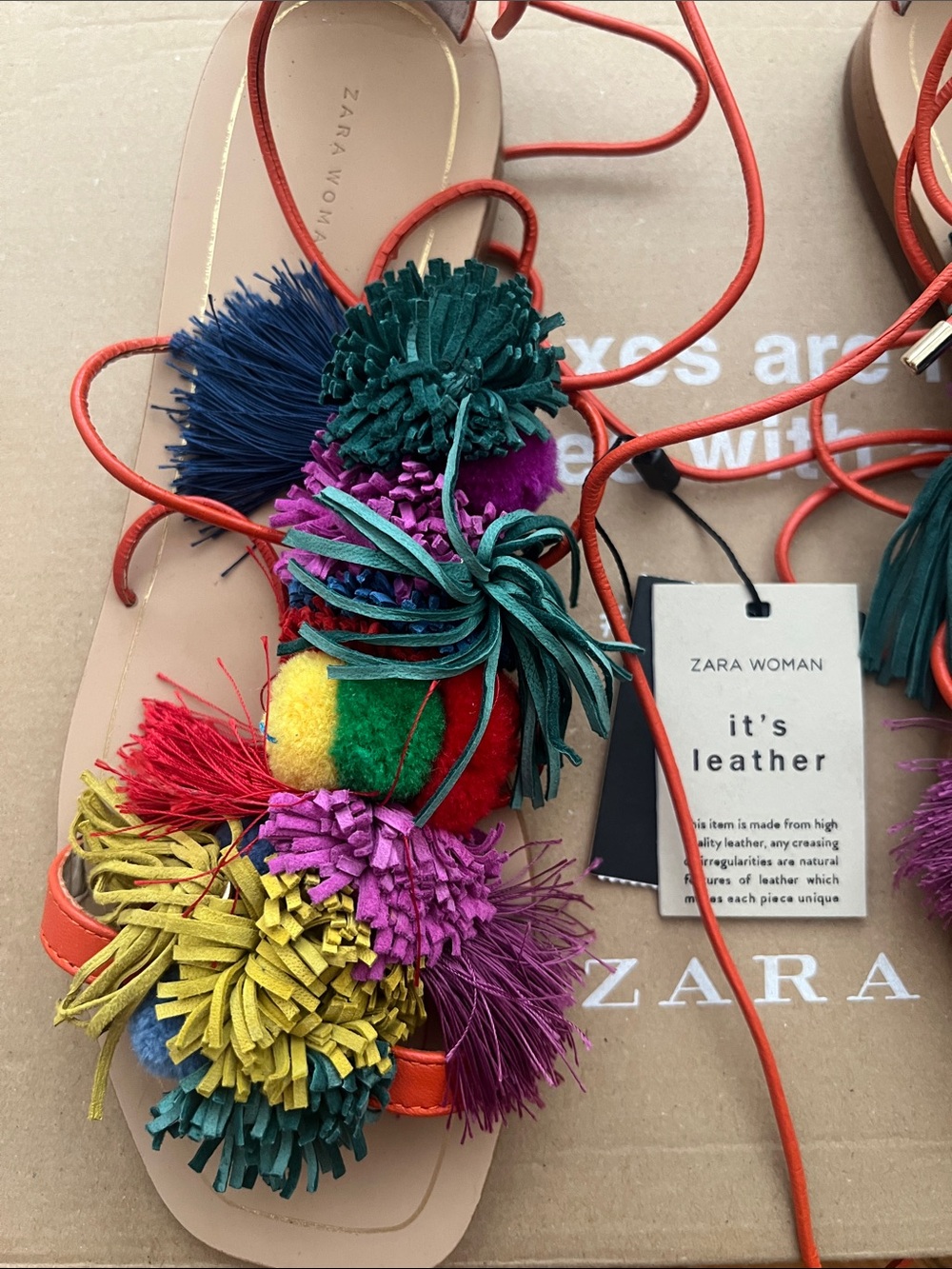 Zara Woman Colorful Pom Pom Leather Lace-Up Sandals, Size 7.5/ 38 - Picture 2 of 3